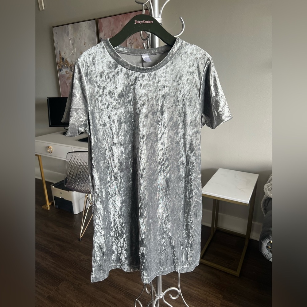 Y2K Crushed Velvet Short Sleeve T-shirt Dress - Silver